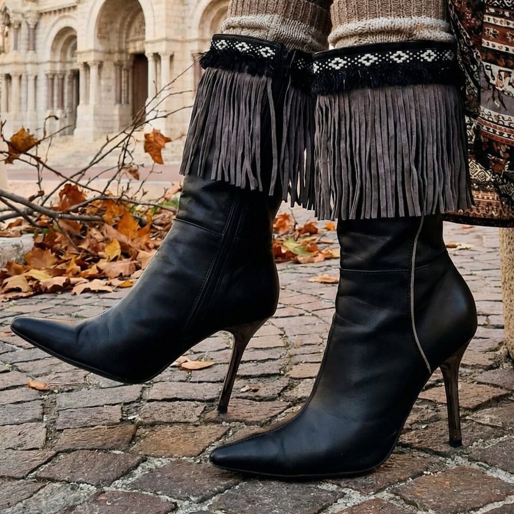 Women Western Grey Boots Topper Cover Faux Suede Leather Long Fringe Winter Pair